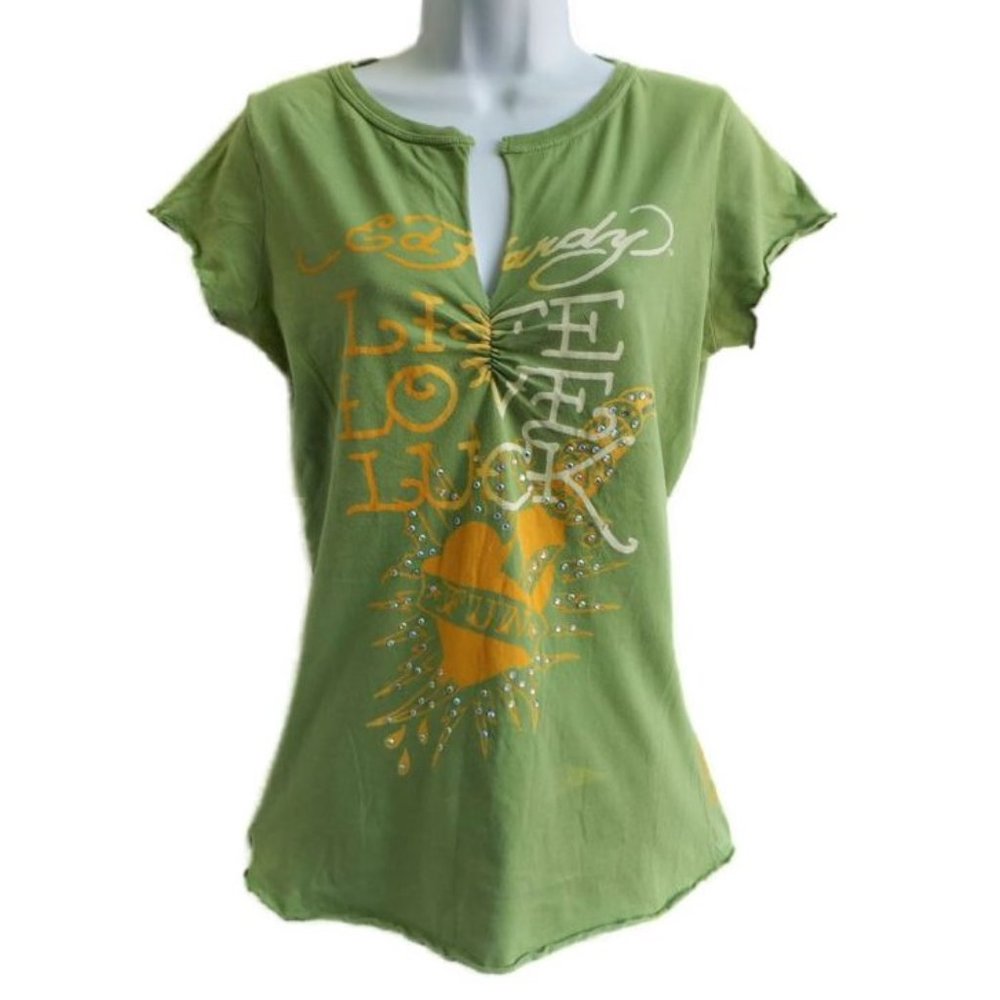 Y2K Ed Hardy Crazy Love Green Tee T Shirt Rhinestones Gathered Bust Split Neck L